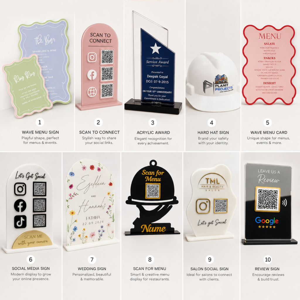 A collage of acrylic menus, social media signs, awards, and display stands.