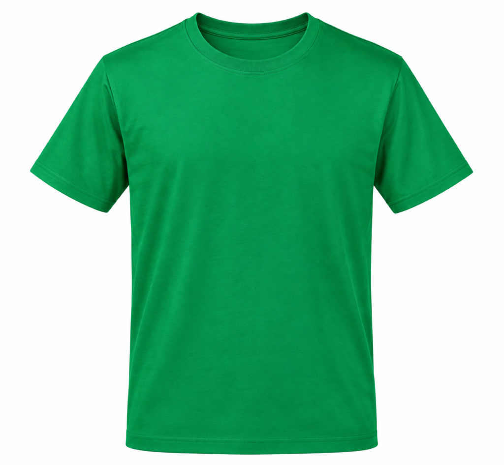 A plain green crew-neck T-shirt shown as a blank apparel example.