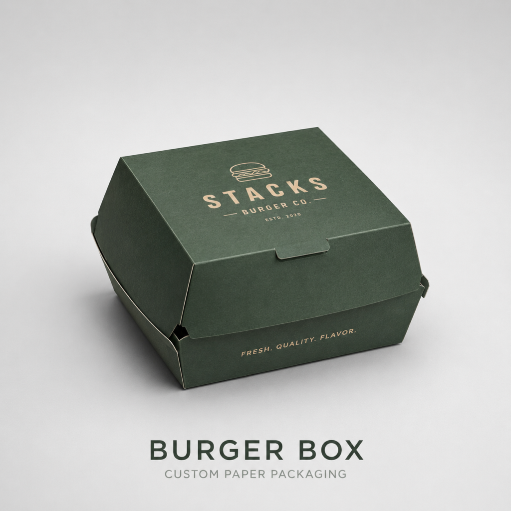 A green printed burger box product mockup.