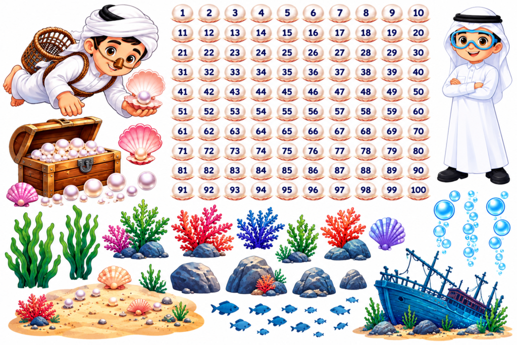 An educational underwater classroom sticker design sheet with numbers, sea life, and cartoon characters.