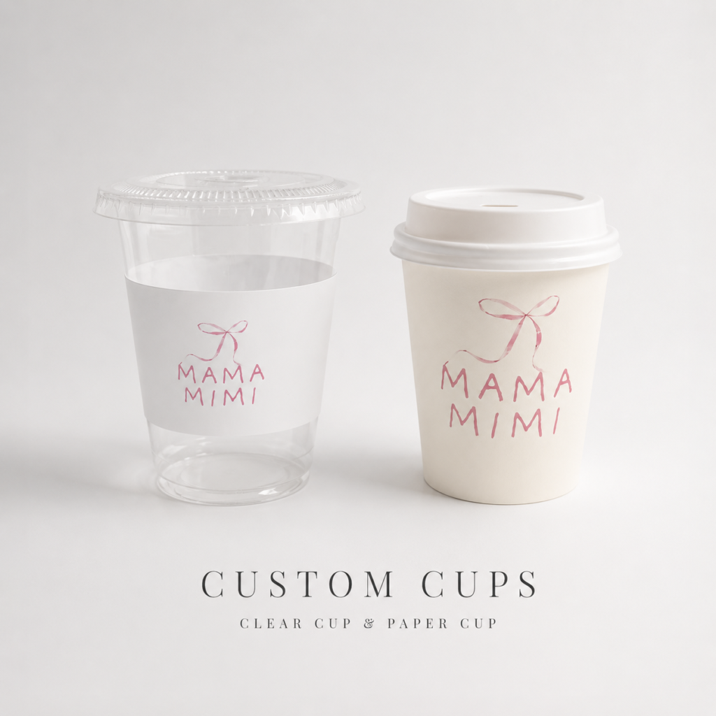 Clear and paper cups with a printed logo, shown as a product mockup.