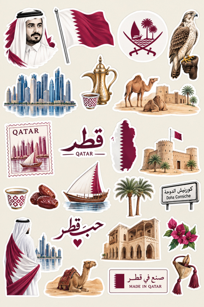 A Qatar heritage sticker design sheet with cultural illustrations.